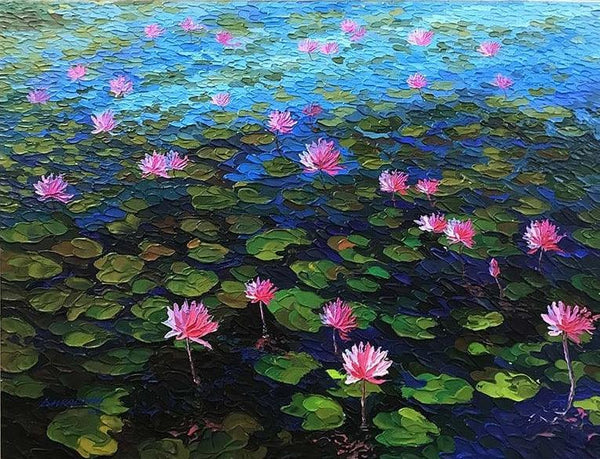 Nature acrylic painting titled 'Pound Of Lotus', 36x48 inches, by artist Shraddha More on Canvas