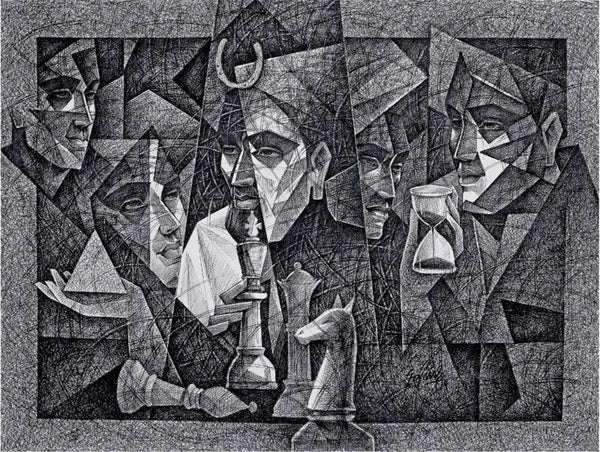 Figurative pen ink drawing titled 'Power And Game', 36x48 inches, by artist Ajay Kumar Samir on Acid Free Paper