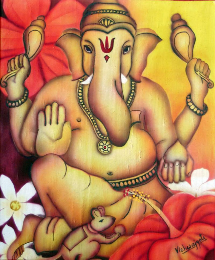 Religious airbrush painting titled 'Power Ganesha', 30x25 inches, by artist Vishwajyoti Mohrhoff on Canvas