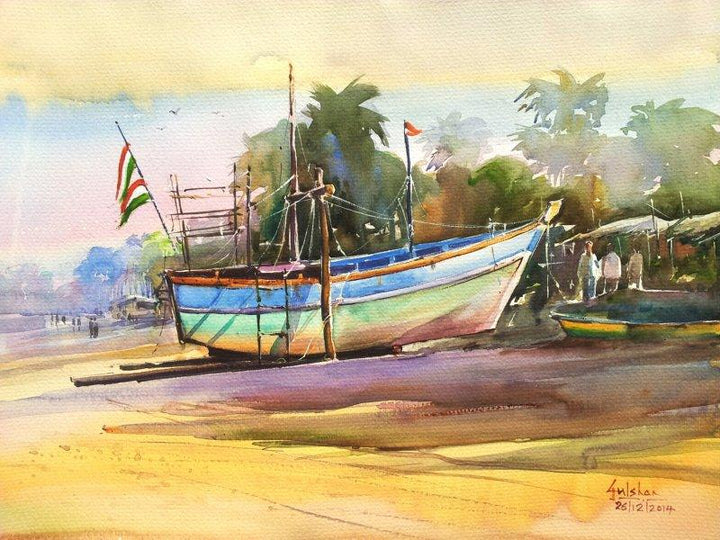 Seascape watercolor painting titled 'Power Nap Watercolour', 18x13 inches, by artist Gulshan Achari on Paper