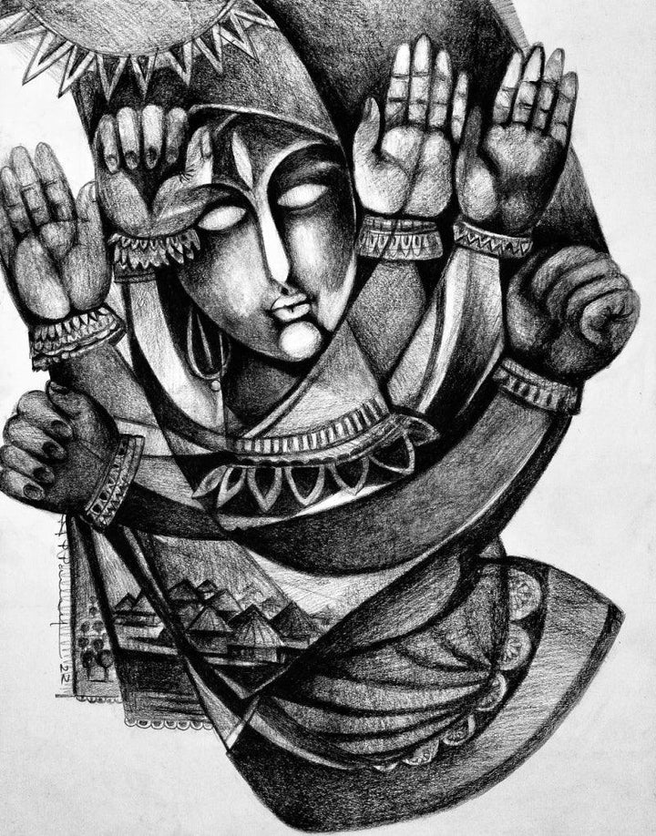 Religious charcoal painting titled 'Power Of Women D', 28x22 inches, by artist N P Pandey on Paper