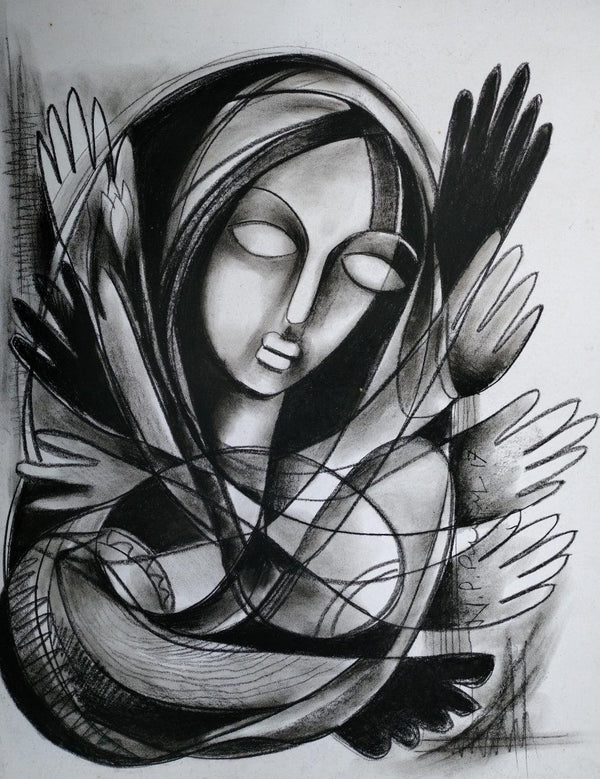 Figurative charcoal painting titled 'Power Of Women E', 27x21 inches, by artist N P Pandey on Paper