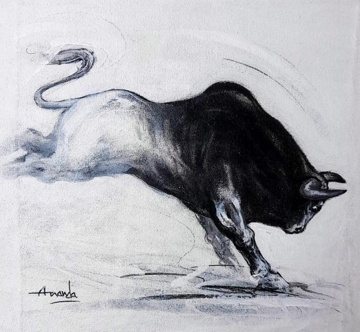 Animals acrylic charcoal painting titled 'Powerful Bull Series 1', 12x12 inches, by artist Ananda Das on Canvas