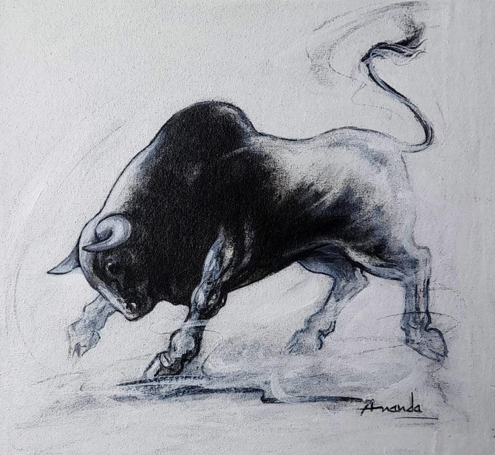 Cityscape acrylic charcoal painting titled 'Powerful Bull Series 4', 12x12 inches, by artist Ananda Das on Canvas