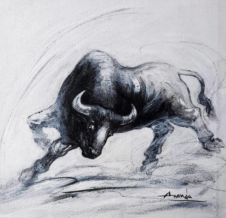 Animals acrylic charcoal painting titled 'Powerful Bull Series 5', 12x12 inches, by artist Ananda Das on Canvas