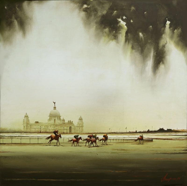 Cityscape acrylic painting titled 'Practice Hours 2', 36x36 inches, by artist Arup Lodh on Canvas