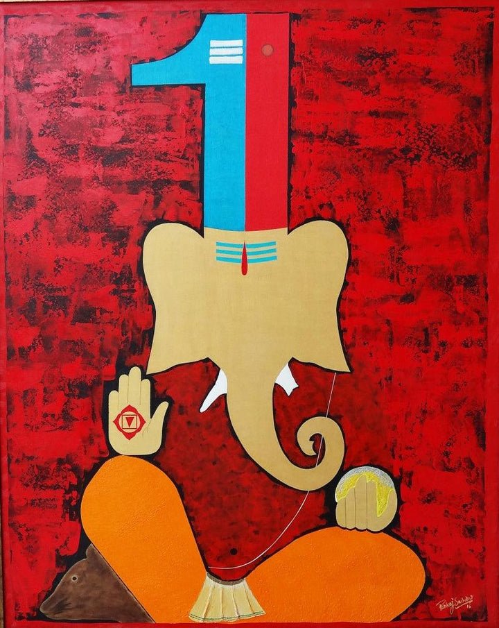 Religious mixed media painting titled 'Pradhv 2', 48x60 inches, by artist Pankaj  Sachdeva on canvas