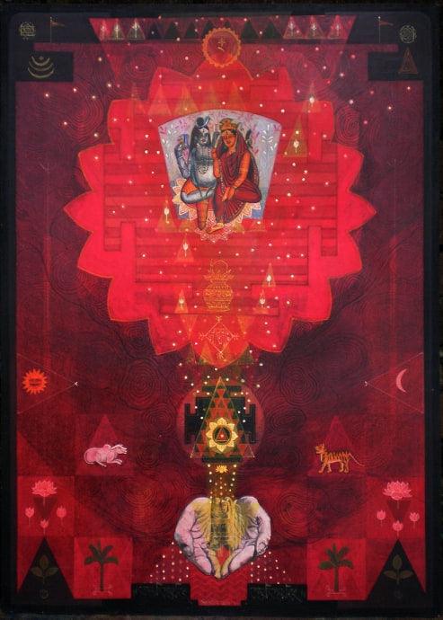 Religious tempera painting titled 'Pranam', 40x30 inches, by artist Atin Mitra on Board