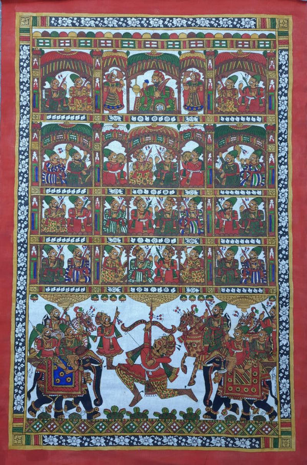 Figurative phad traditional art titled 'Prathvi Raj Chouhan', 36x24 inches, by artist Abhishek Joshi on Handmade Canvas