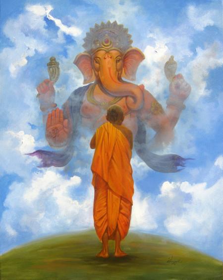 Motivational acrylic painting titled 'Pray Ganesha', 30x24 inches, by artist Vinayak Potdar on Canvas