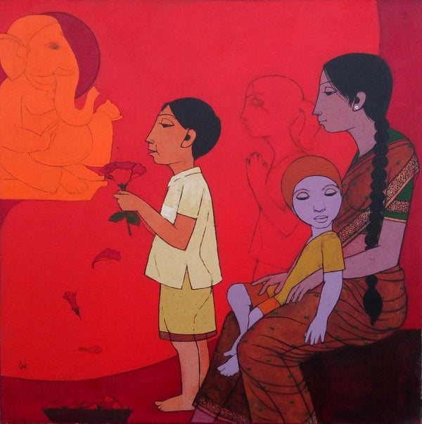 Figurative acrylic painting titled 'Pray With Jaswand', 32x32 inches, by artist Rahul Mhetre on Canvas