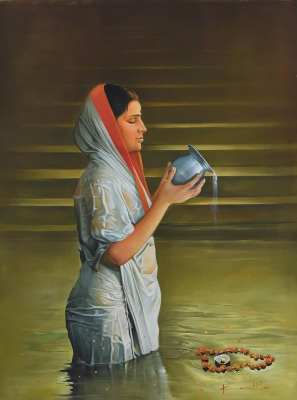 Realistic oil painting titled 'Prayer', 36x48 inches, by artist Kamal Rao on Canvas