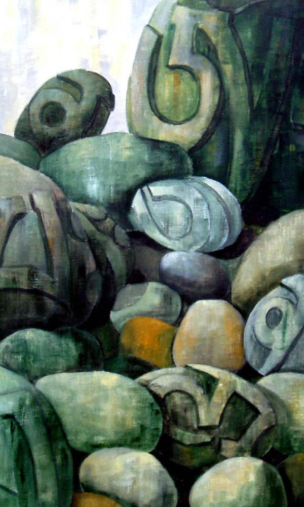 Surrealist acrylic painting titled 'Prayer Rocks', 27x18 inches, by artist Suruchi Jamkar on Canvas