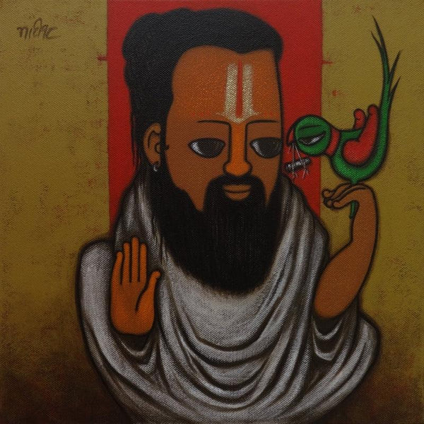 Religious acrylic painting titled 'Predictor 2', 12x12 inches, by artist Hitendra Singh Bhati on Canvas