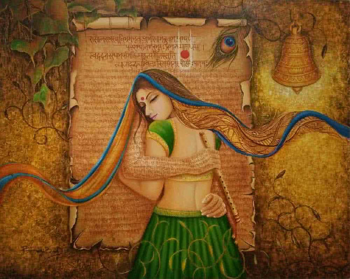 Religious mixed media painting titled 'Prem Priya', 48x60 inches, by artist Rakhi Baid on Canvas