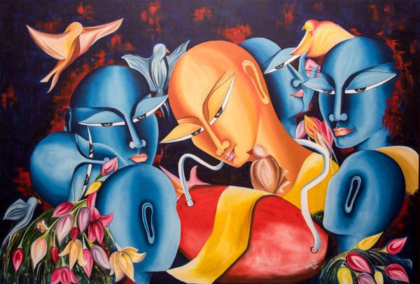 Figurative oil painting titled 'Prepartion for some celebration', 48x72 inches, by artist Deepali Mundra on Canvas