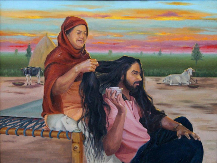 Lifestyle oil painting titled 'Priceless Bonding', 30x40 inches, by artist Kulwinder Singh on Canvas