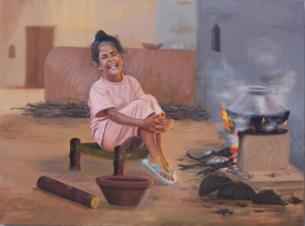 Lifestyle oil painting titled 'Priceless Happiness', 30x40 inches, by artist Kulwinder Singh on Canvas