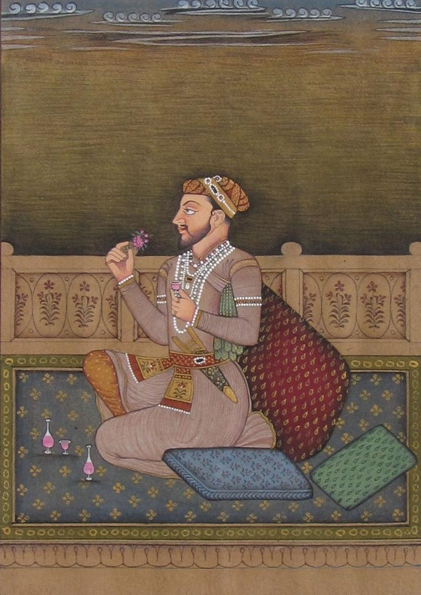 Figurative mughal traditional art titled 'Prince Enjoying At The Court', 8x6 inches, by artist Unknown on Paper