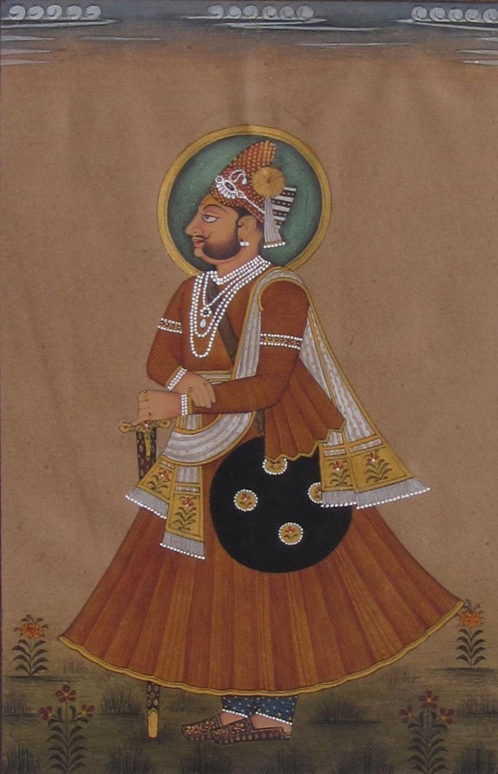 Figurative mughal traditional art titled 'Prince With Shield', 8x6 inches, by artist Unknown on Paper