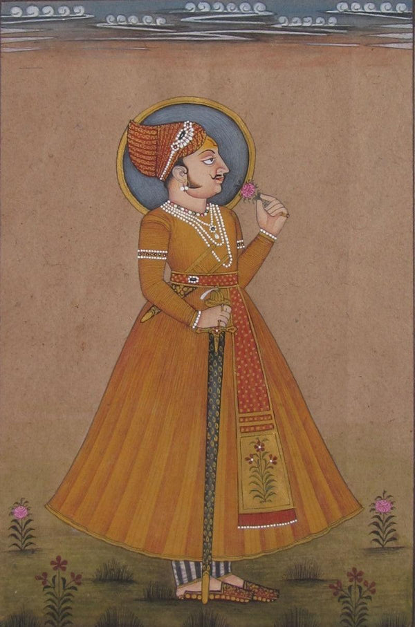 Figurative mughal traditional art titled 'Prince With Sword', 9x6 inches, by artist Unknown on Paper