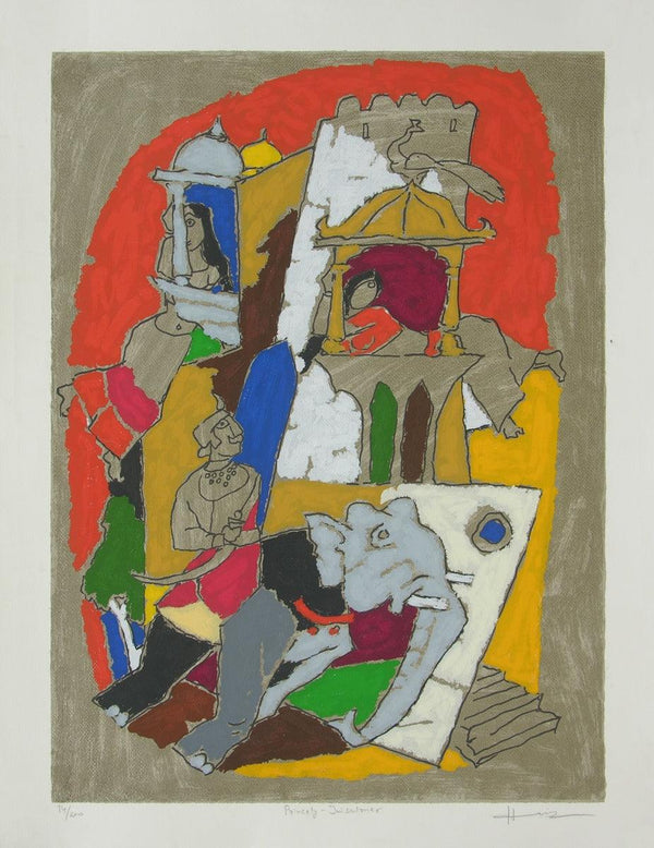 Figurative serigraphs painting titled 'Princely Jaisalmer', 34x26 inches, by artist M. F. Husain on Paper