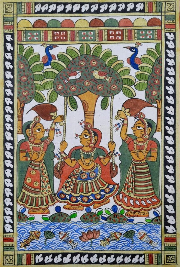 Religious phad traditional art titled 'Princess Soda In Garden With Dasi', 17x12 inches, by artist Abhishek Joshi on Handmade Canvas