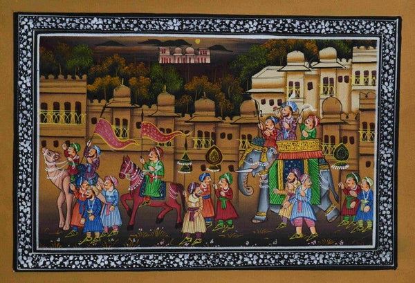 Figurative mughal traditional art titled 'Procession In Town With Royal Elephants', 7x10 inches, by artist Unknown on Silk