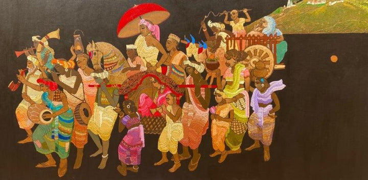 Religious acrylic painting titled 'Procession Series 1', 30x60 inches, by artist Siddharth Shingade on Canvas