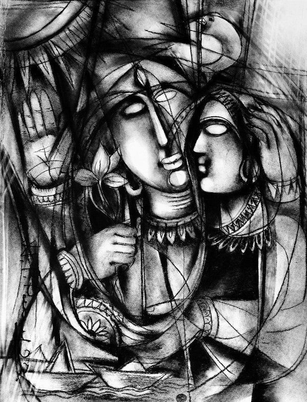 Religious charcoal painting titled 'Protection', 28x22 inches, by artist N P Pandey on Paper