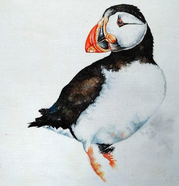Animals watercolor painting titled 'Puffin', 9x8 inches, by artist Anjana Sihag on Khadi Cotton Fabric