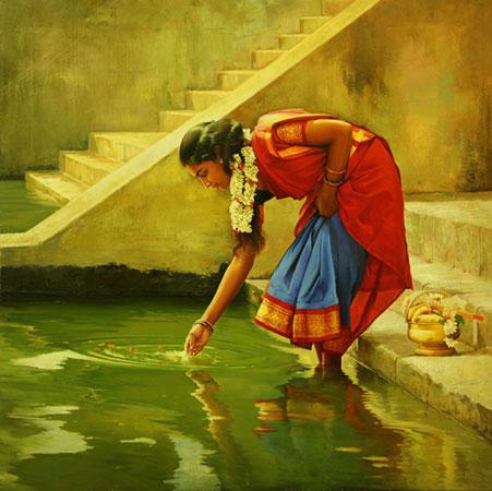 Figurative oil painting titled 'Puja Flower Offering', 24x24 inches, by artist S  Elayaraja on Canvas