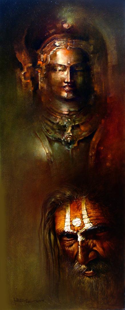 Figurative acrylic oil painting titled 'Pujari', 24x60 inches, by artist Amit Bhar on canvas