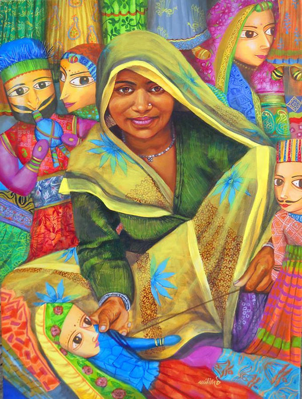 Figurative acrylic painting titled 'Puppet Seller', 30x48 inches, by artist Milind Varangaonkar on Canvas