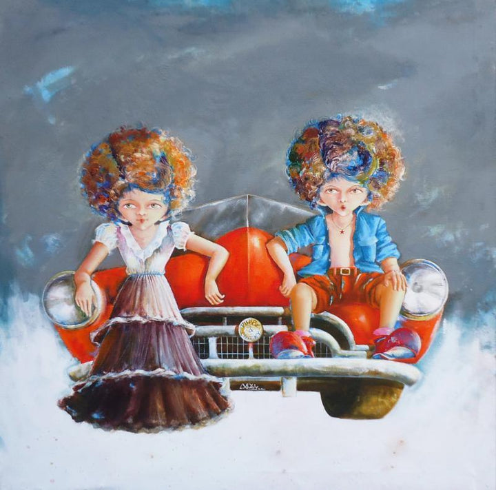 Figurative acrylic painting titled 'Puppy and chicky on the drive', 30x30 inches, by artist Shiv Kumar Soni on Canvas