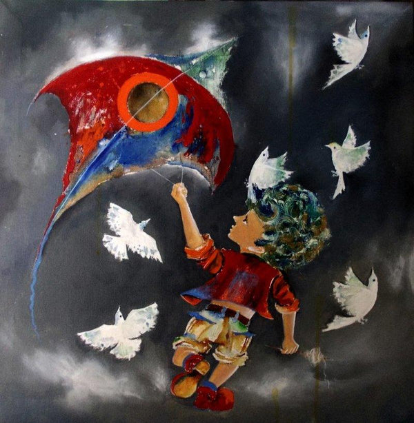 Figurative acrylic painting titled 'Puppy flying kite', 24x24 inches, by artist Shiv Kumar Soni on canvas