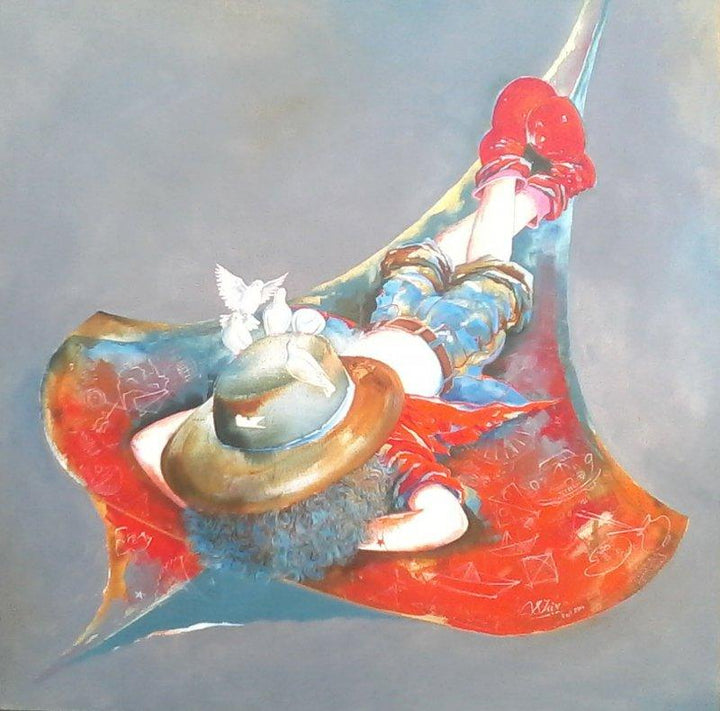 Figurative acrylic painting titled 'Puppy swinging with kite', 36x36 inches, by artist Shiv Kumar Soni on Canvas