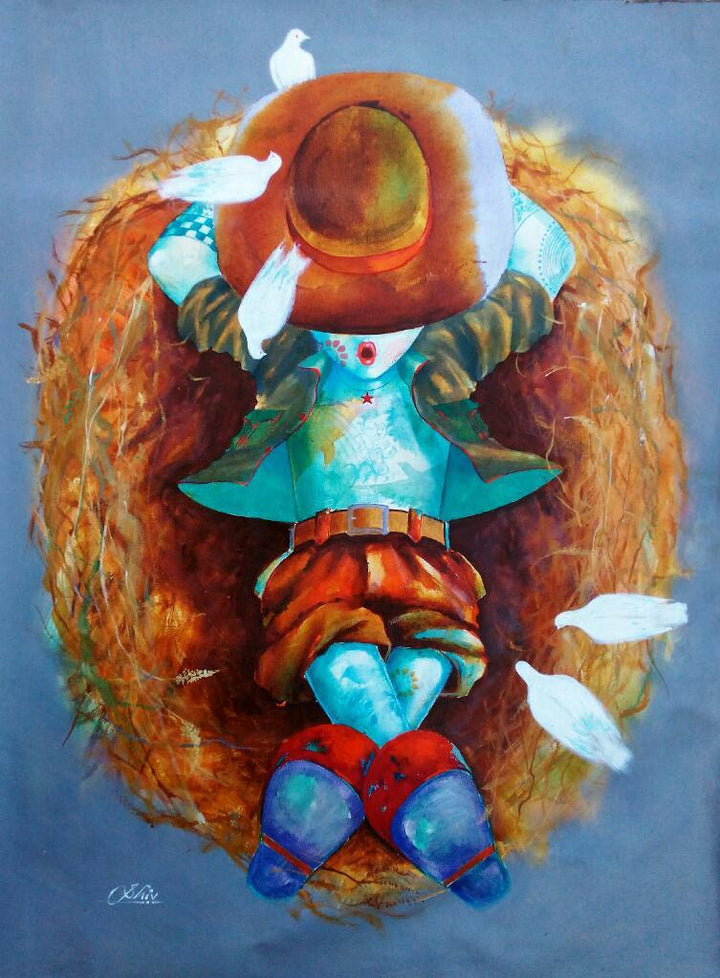 Figurative acrylic painting titled 'Puppy taking rest in the nest', 36x24 inches, by artist Shiv Kumar Soni on Canvas