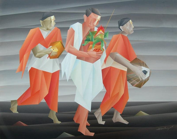 Figurative acrylic painting titled 'Purna Kalash Yatra', 48x60 inches, by artist Nirakar Chowdhury on Canvas