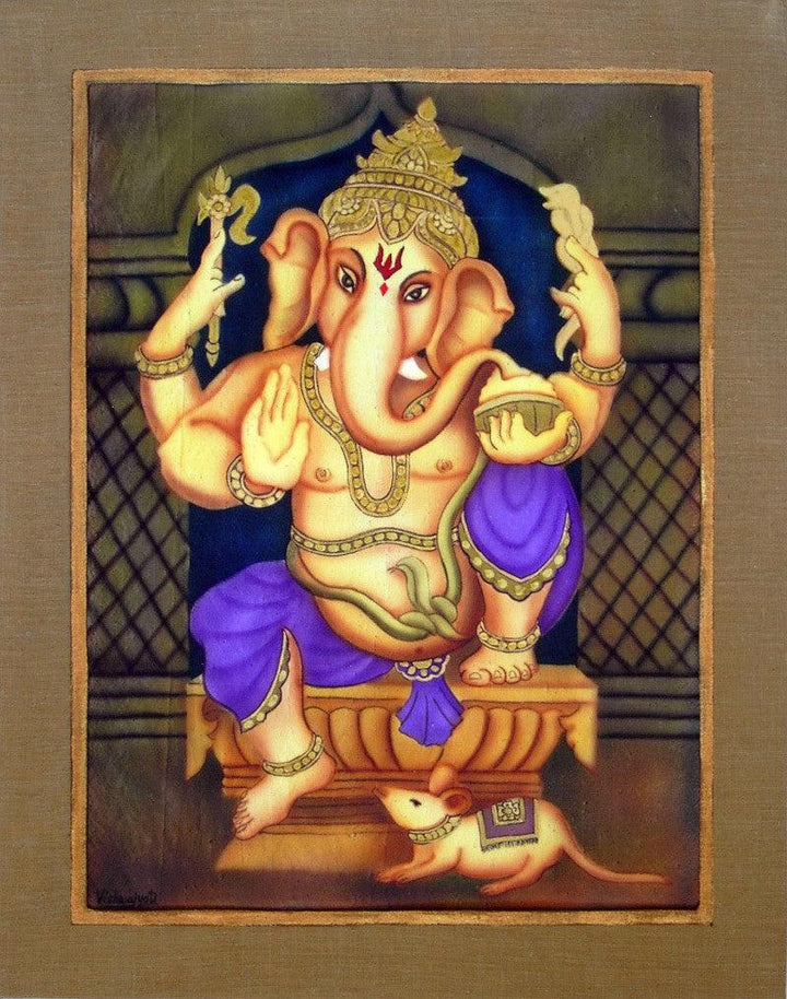 Religious airbrush painting titled 'Purple Ganesha', 34x28 inches, by artist Vishwajyoti Mohrhoff on Canvas