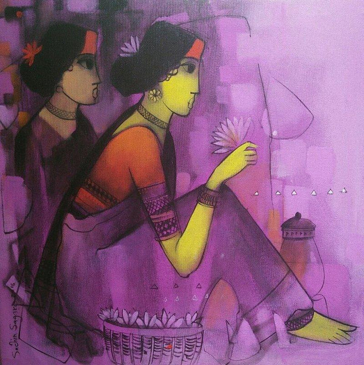 Figurative acrylic painting titled 'Purple Gaze', 24x24 inches, by artist Sachin Sagare on Canvas