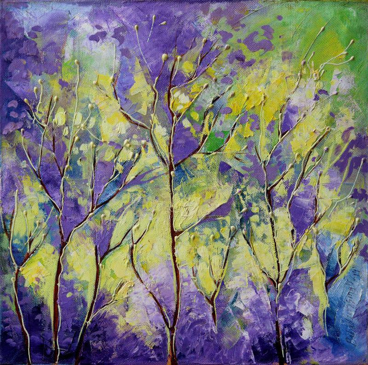 Nature oil painting titled 'Purple Haze', 30x30 inches, by artist Bahadur Singh on Canvas