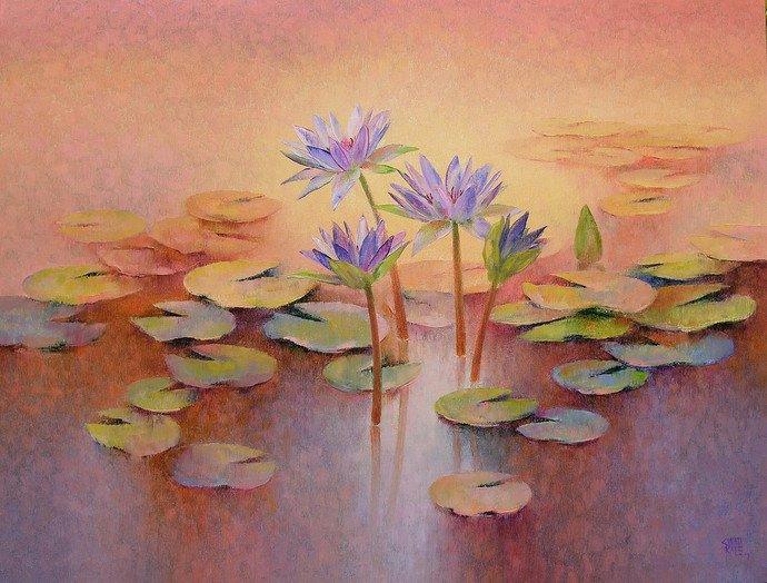 Nature oil painting titled 'Purple Lilies', 32x42 inches, by artist Swati Kale on Canvas