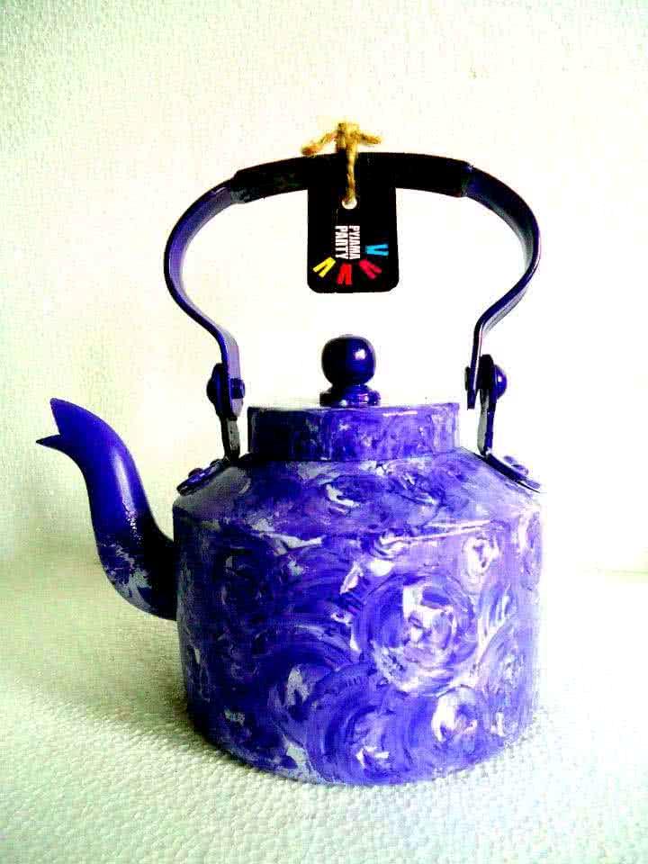 Lifestyle craft titled 'Purple Rain Textured Tea Kettle', 9x9x7 inches, by artist Rithika Kumar on Aluminium