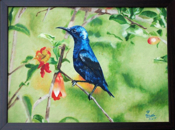 Nature oil painting titled 'Purple Sunbird On Pomegranate Shrub', 18x12 inches, by artist Gaurav Dinesh on Canvas