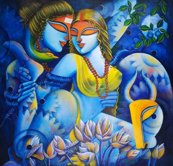 Religious acrylic painting titled 'Purush O Prakiti I', 33x32 inches, by artist Susmita Mandal on Canvas