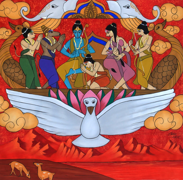 Religious acrylic painting titled 'Pushpak Viman', 45x45 inch, by artist Chetan Katigar on Canvas