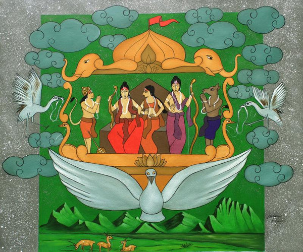 Religious acrylic painting titled 'Pushpak Viman', 40x48 inches, by artist Chetan Katigar on Canvas