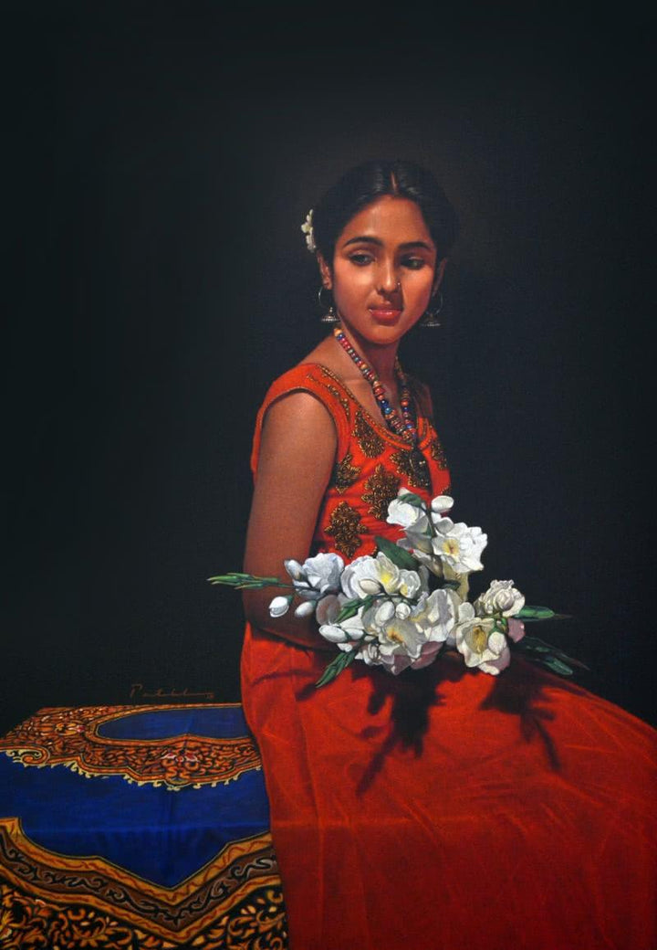 Figurative color pencil drawing titled 'Pushpvirahini', 47x31 inches, by artist Deepak Patil on Black Paper