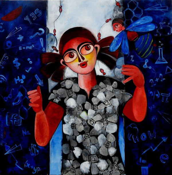 Figurative acrylic painting titled 'Puzzled dream', 30x30 inches, by artist Sharmi Dey on Canvas